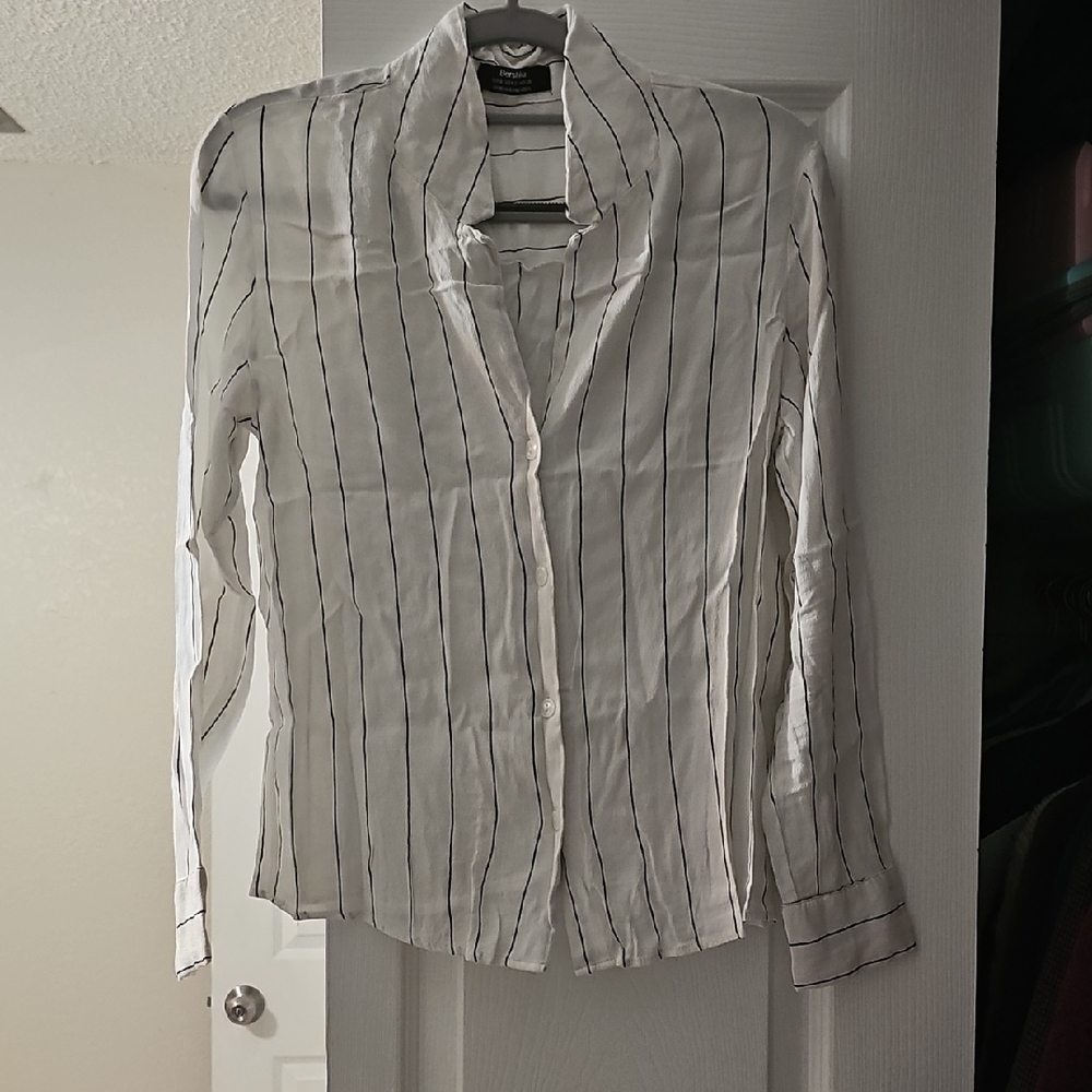 Bershka White and Black Striped Button-Down Shirt